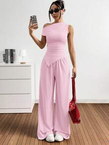 SHEIN EZwear 女士新款纯色不对称下摆露肩上衣和阔腿裤针织两件套 - 淺粉色 - 查看 5