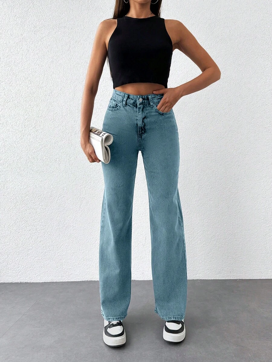 100%Cotton Solid Slant Pocket Casual Straight Leg Jeans - Baby Blue - View 1