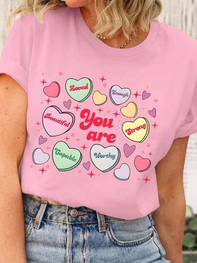 EMERY ROSE Plus Size Women's Valentine's Day Cute Candy Heart & "You're Enough" Graphic Vintage Style Tee, Casual Valentine's T-Shirt Gift
