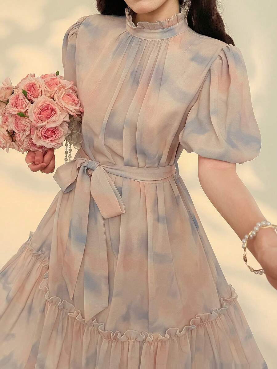 DAZY High Neck Puff Sleeve Midi Dress For Women, Vacation - Apricot - View 1