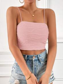 SHEIN Essnce Women's Summer Fashion Solid Color Jacquard Tight Cropped Camisole,Pink Top - Pink - View 3