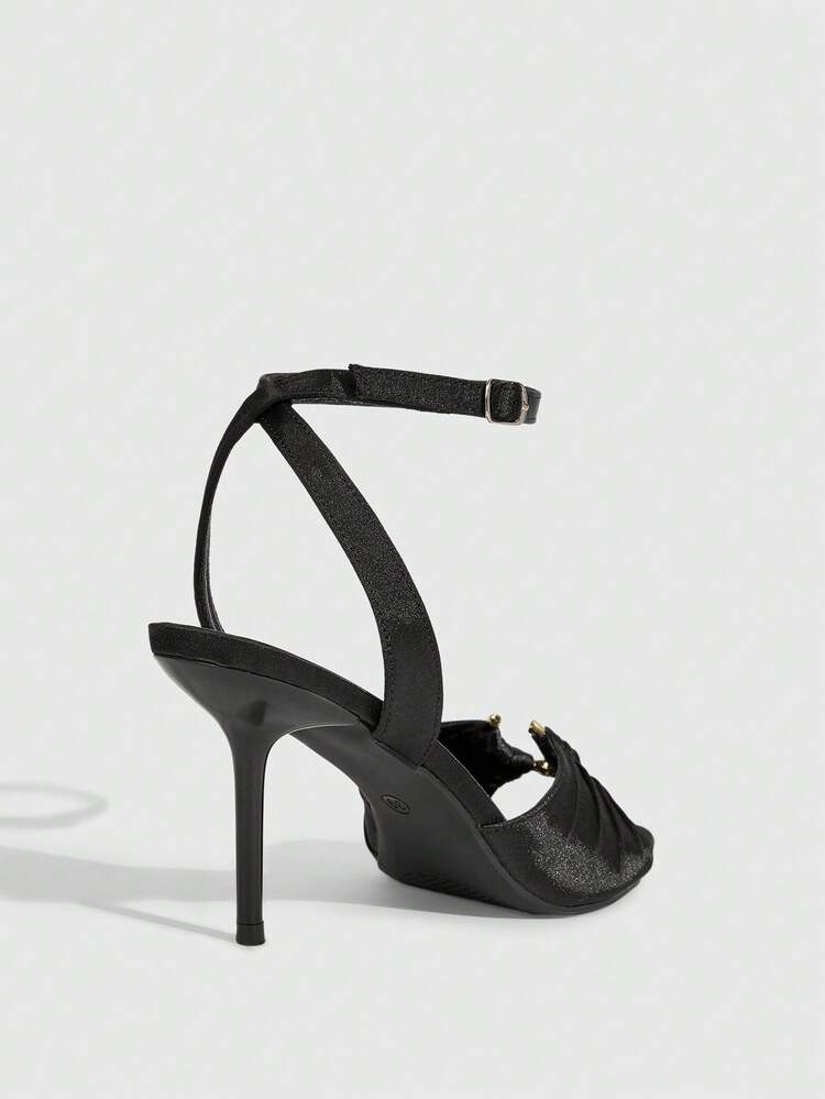 CUCCOO SZL Women Shoes Spring Summer Satin Pleated Design Metal Decoration Open-Toed Stiletto, Sexy Style Silk Satin Black Ladies High Heel Sandals Banquet Party Dating Commuting Shopping Nightclub Dancing Holiday Gifts