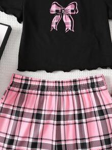 SHEIN 3件套少女蝴蝶结格子印花针织家居服套装，休闲家居服，适合日常穿着 - 黑色 - 查看 5