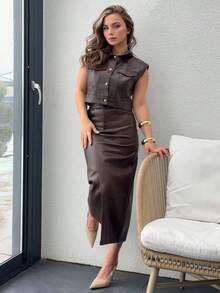 Jeta Ari 女式秋冬 PU 皮革翻盖细节无袖夹克和开衩下摆直筒裙 2 件套 - 棕色 - 查看 3