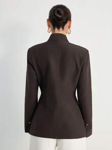 Aveloria Modichic 优雅简约金属扣装饰纯色无领女士西装外套，时尚百搭，通勤必备。 - 咖啡棕 - 查看 6