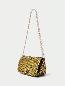 SHECARRY Personalized Sequined Small Bag Women's 2025 New Textured Shoulder Messenger Bag Temperament Simple Chain Small Square Bag - Gold - View 4