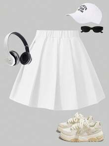 SHEIN Sparklyn Girls' Pleated High Waist Skirt With Built-In Safety Shorts, 2-In-1 Skirt Pants, Versatile For All Seasons, Can Be Paired With Shirts, T-Shirts, Polos, Hoodies, Jackets - White - View 2