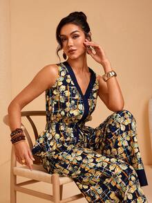 JIAN LASALA 花卉印花撞色拼接V领无袖松紧腰阔腿女式荷叶边连体裤 - 彩色 - 查看 6