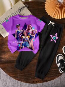 2pcs/Set Women Idol Group Printed Casual Short Sleeve Top And Loose Pants Set, Suitable For Spring/Summer - Black - View 2