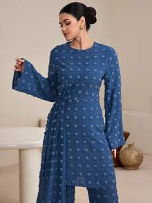 Graceveil 女士不对称下摆上衣和裤子套装，提花阿拉伯风格服装 - 霧霾藍 - 查看 7