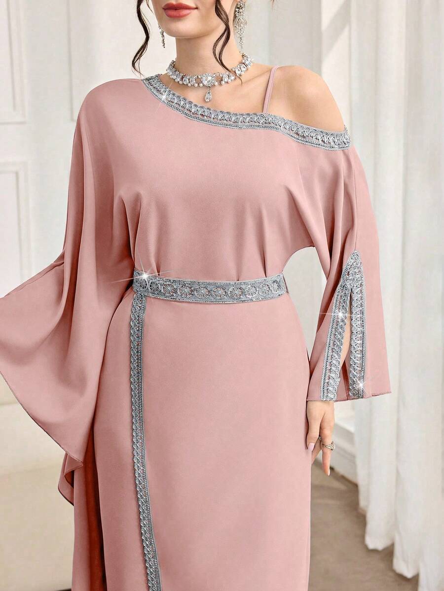 Al Najma Women's Elegant Arabic Style Asymmetric Neck Long Sleeve Split Hem Dress With Ribbon Trim - Baby Pink - View 1