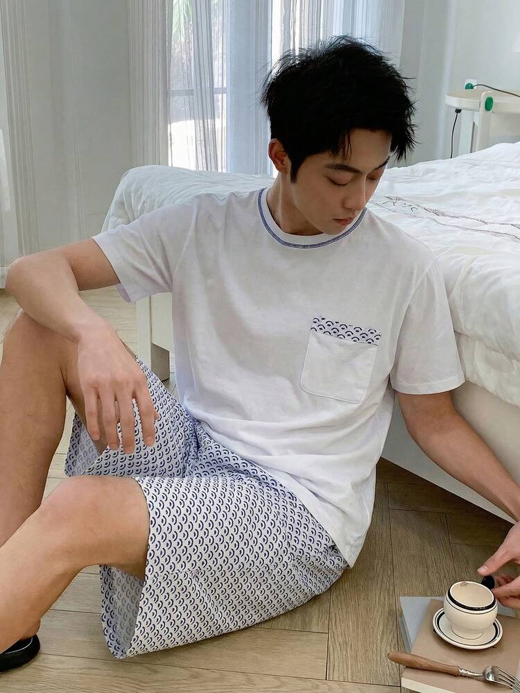 Men's Multi-Color T-Shirt And Floral Print Shorts Pajama Set, Summer