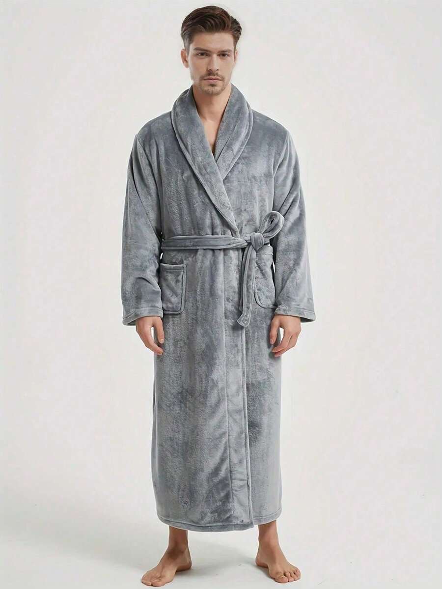 Autumn/Winter Flannel Men's Loose Pajamas - Couples Sleepwear Robe, Bathrobe, Thick & Warm, Soft & Comfortable, Tie Design, With 2 Large Pockets, Machine Washable - Multicolor - View 1