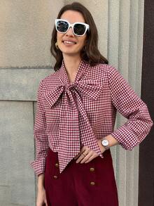 Solivie Women's Elegant Plaid Shirt With Bowknot, Suitable For Commuting, Outing, Party, New Year, Valentine's Day Spring Outfit Women Going Out Top Plaid Top Red Top Gingham Top - Red - View 5