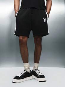 PLAYBOY X SUMWON Side Stripe Jersey Drawstring Shorts With Bunny Logo Summer Casual Elastic Waist Regular Fit Above Knee Length Loungewear - Black - View 4