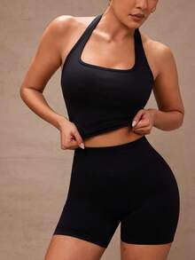 Lumalex 女士纯色露背吊带上衣和短裤瑜伽健身套装 - 黑色 - 查看 7