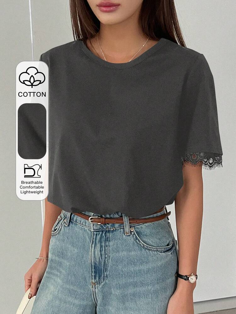 Women's Contrast Lace Loose Short Sleeve Elegant T-Shirt,Business Casual Women