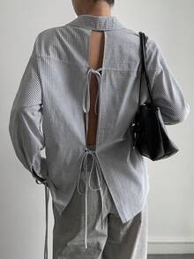 Livesso Chemise femme à manches longues, style décontracté chic, avec design à dos nu et liens, rayures, pour le printemps/été. pour le bureau et la rue - Gris - Voir 7