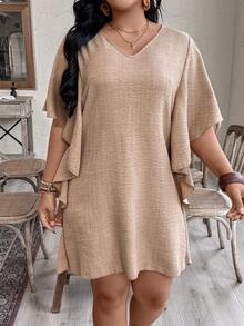 EMERY ROSE Vestido casual de mujer talla grande con dobladillo con volantes de unicolor, adecuado para citas, vacaciones y salidas - Marrón Mocha - Ver 3