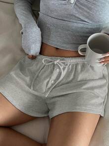 CovetEZ Gray Knitted Casual Cozy Shorts - Grey - View 3