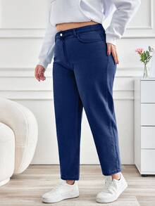EURMUSE Plus Size Solid Color Slant Pocket Casual Versatile Jeans - Dark Wash - View 4