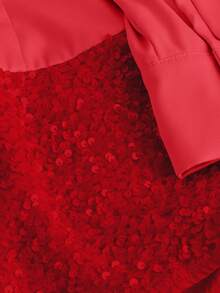 GlowEve 女士圆领蝴蝶结装饰珍珠纽扣亮片下摆长袖连衣裙 - 紅色 - 查看 6