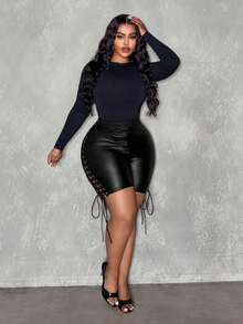 Slaydiva 大码女式镂空系带PU皮短裤，时尚百搭，适合约会、派对、日常穿着 - 黑色 - 查看 4