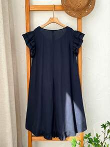 Rusticease Große Größen Lässig einfarbiges Kleid mit Rüschenärmeln - marineblau - Übersicht 2
