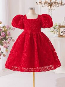 SHEIN Red Floral 3D Rose Flower Decor Dress, Summer Elegant Wedding Guest A-Line V-Neck Short Sleeve Tween Girl Formal Party Outfits For Birthdays - Red - View 13