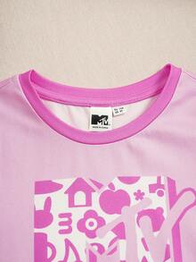 MTV | SHEIN Young Girl Summer Casual Cartoon Letter Print Short Sleeve T-Shirt And Shorts Pajama Set - Pink - View 3