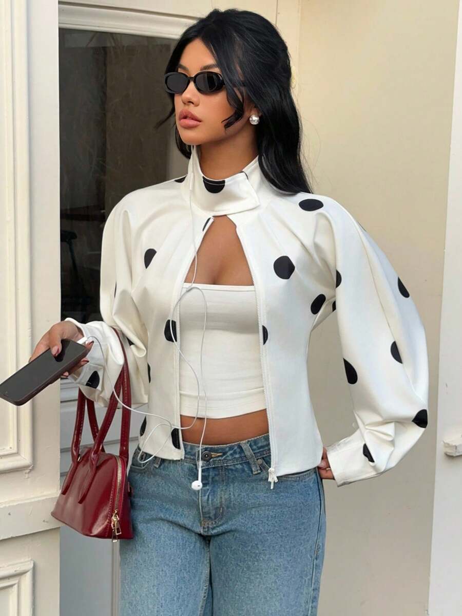 MainGRL White Base Polka Dot Print Casual Commuter Jacket For Women,Winter/Spring