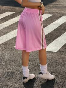 Muchica Women's Pink Mesh Letter Print Drawstring Waist Shorts - Pink - View 2