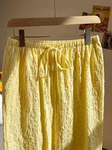 Elamini Quần dài nữ màu vàng cotton nhăn, cạp thấp, ống đứng, có dây rút, túi, kiểu dáng giản dị, tối giản, đa năng cho mùa xuân/hè, đi nghỉ mát, ở nhà, ngoài trời. - Màu vàng - Xem 4