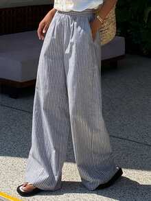 Livesso Women's Casual Striped Wide Leg Pants - Grey - View 5