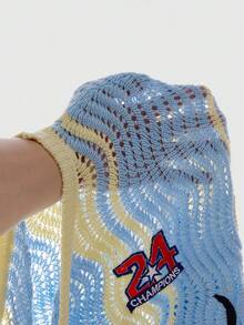 ROMWE MEN Men's Wavy Letter Embroidered Crew Neck Loose Knit Sweater