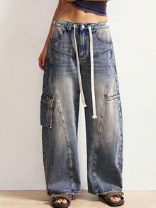 Bohemela 女士多段式多口袋腰带抽绳前拉链牛仔裤，适合春夏度假穿着，春季女装，女士裤装，春季黑色牛仔裤 - 深灰色 - 查看 6