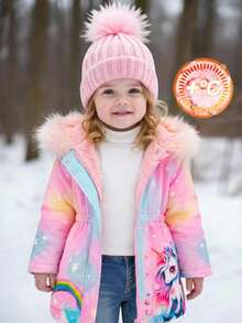 SHEIN Chaqueta con capucha forrada térmicamente con patrón de unicornio de dibujos animados lindo para bebé niña, adecuada para exteriores, parque de atracciones, otoño/invierno - Multicolor - Ver 1