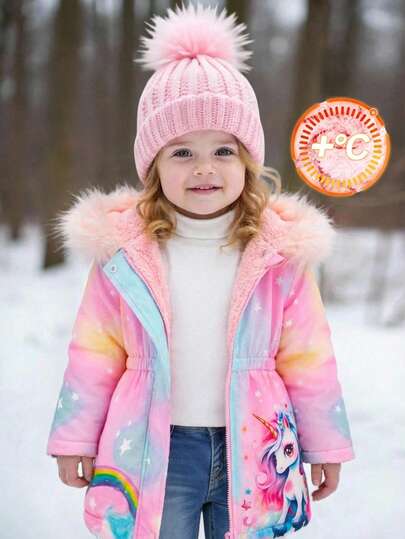 SHEIN Áo khoác có mũ lót giữ nhiệt họa tiết kỳ lân hoạt hình dễ thương cho bé gái, thích hợp cho hoạt động ngoài trời, công viên giải trí, mùa thu/đông.