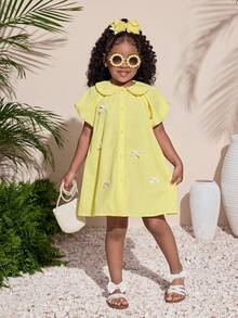 Young Girl's Cute Yellow Peter Pan Collar Bow Tie Short Sleeve Dress, Summer - Yellow - View 4