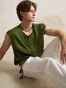 Airaco Men's V-Neck Satin Sleeveless Casual Shirt - Dark Green - View 7