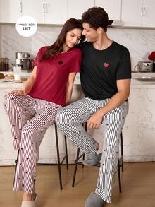 CoupledUp 男士休闲条纹爱心印花短袖睡衣套装 - 黑色 - 查看 4