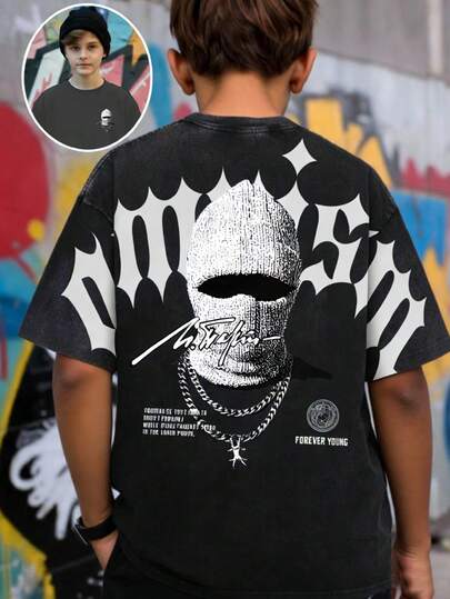 Camiseta gráfica con letra y retrato Bolty para adolescentes varones, estilo callejero de cuello redondo y manga corta, adecuada para fiesta, vuelta al colegio, evento formal, uso diario, colegio, viaje, deportes, primavera/verano/otoño