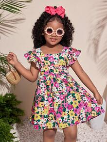 Young Girl Casual Vacation Cute Floral Backbow Cap Sleeve Dress - Multicolor - View 3