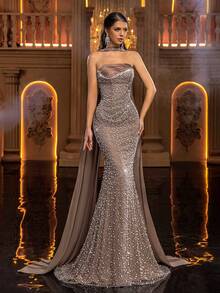 Aureia 优雅奢华的串珠、亮片、绒球刺绣缎面钻石装饰褶皱美人鱼长裙，适合婚礼、派对、舞会、度假、宴会等场合（重工装饰） - 咖啡棕 - 查看 7