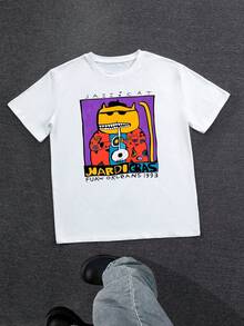 Manfinity Dauomo Men's Round Neck Short Sleeve T-Shirt, Casual Versatile Style, Classic White, English Letter/Cartoon/Music Note Graphic Print, Suitable For Students, Streetwear, Daily Wear, Travel, Commute - Multicolor - View 3