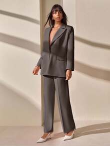 CLARA VERO Blazer With Single Button Closure And Flap Pockets, Paired With Matching High-Waist Trousers, Elegant Two Pieces Suit Set - Grey - View 4