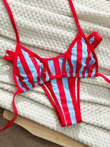 Swim Vcay Set Bikini Wanita Musim Semi/Panas Terbaru 2026, 2pcs/Set, Celana Bikini Segitiga Bergaris Motif Acak & Set Bikini Kasual untuk Liburan Pantai - MultiWarna - View 5