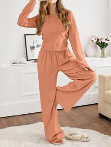 EURMUSE Women 2pcs Rib Knit With Round Neck Long Sleeve Top&Pants Homewear Comfort Lounge Set - Orange - View 4