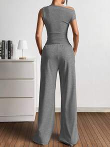 SHEIN EZwear Bộ đồ nữ màu trơn gồm áo và quần ống rộng có túi, kiểu dáng thường ngày, thích hợp cho kỳ nghỉ. - Màu xám đen - Xem 2