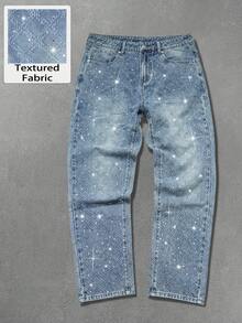 Manfinity EMRG Men's American Street Fashion Diamond Distressed Design Rhinestone Embellished Washed Straight Leg Jeans - Light Wash - View 1